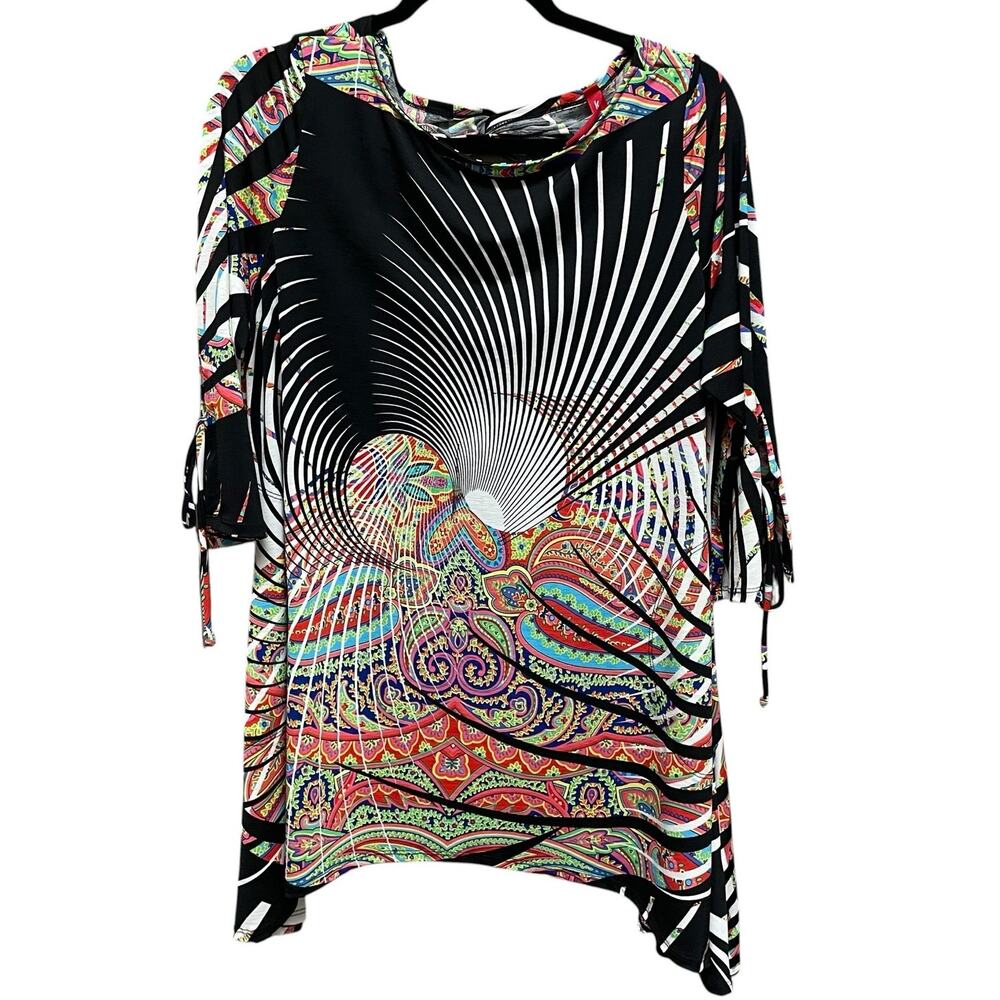 IC by Connie K Black Multicolor Abstract Twist Print Tie Sleeve Tunic Top Large